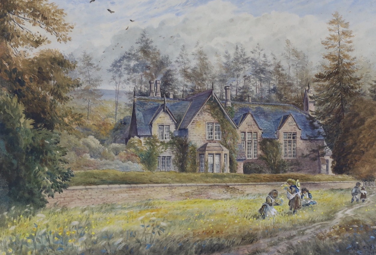 Herbert Edward Cox (1870-1941), pair of watercolours, Children picking flowers before a country house and village street scene, signed and dated 1900, 27 x 38cm